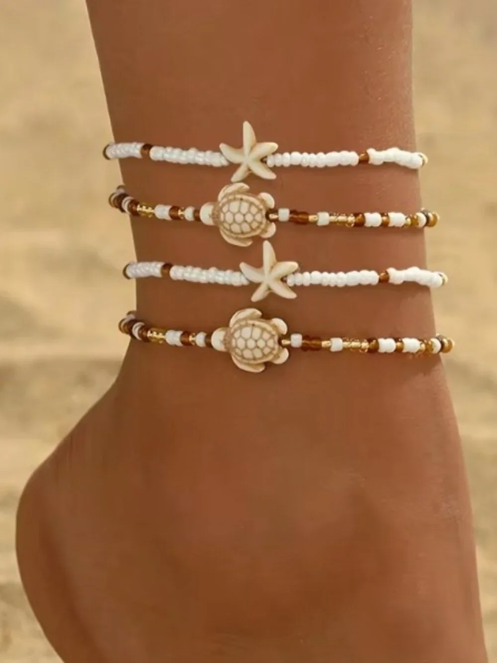 4pcs Beach Glass Rice Bead Anklet Chains Stacked Starfish and Sea Turtle